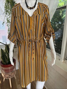 Button-Front Striped Midi Dress in Yellow and Black